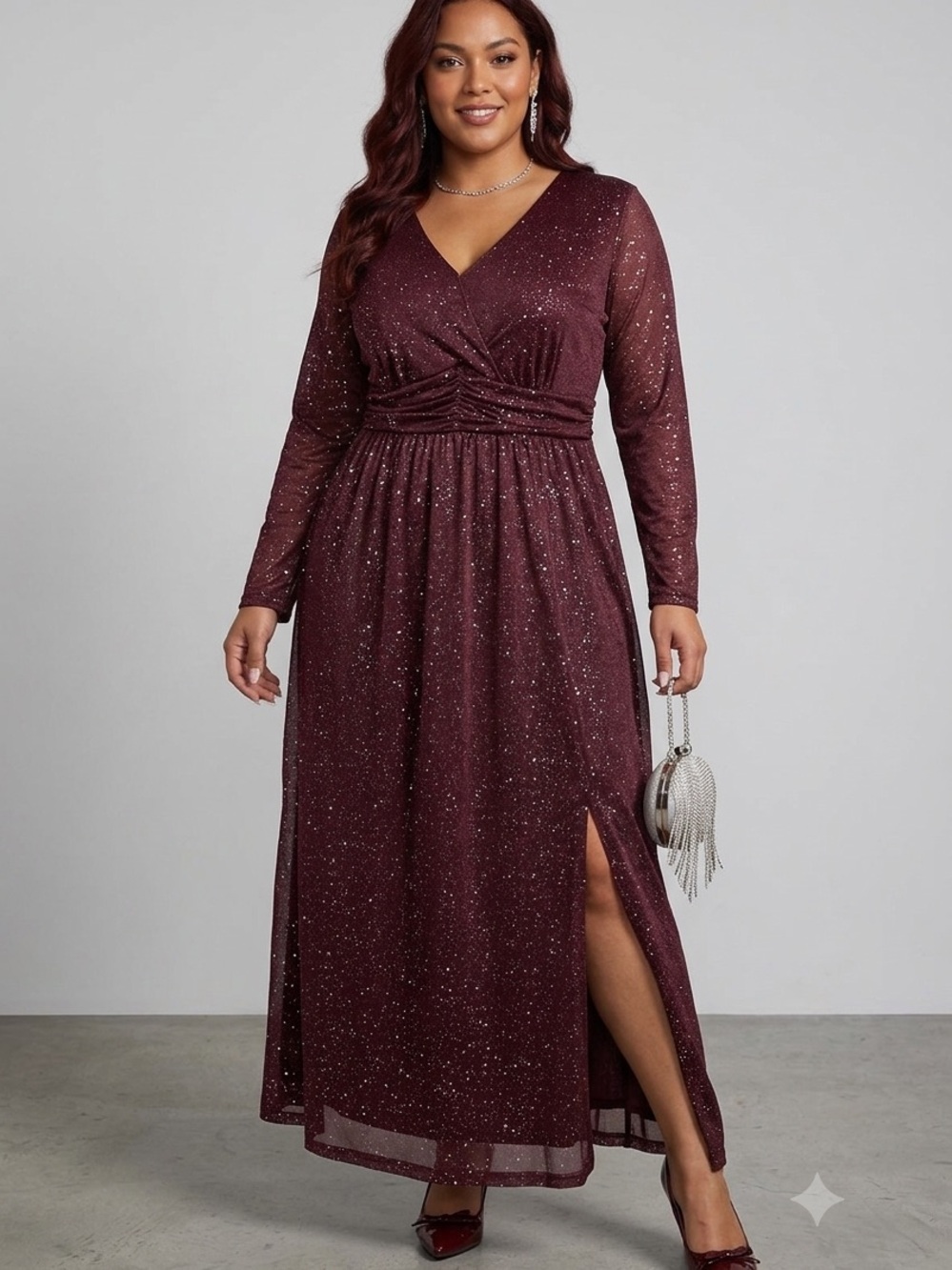 BloomChic Sparkle Shimmer Maxi Dress Wine Red V-Neck Long Sleeve Slit 14-16